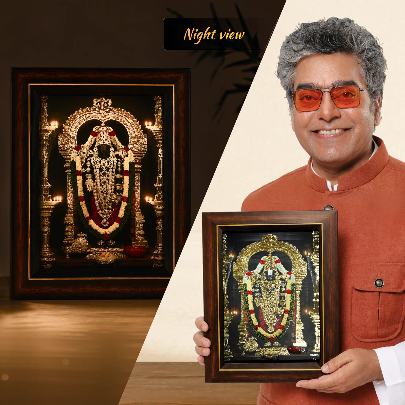 Shri Tirupati Balaji Golden Foil AR Table Frame with golden-foiled ornaments and marble backdrop