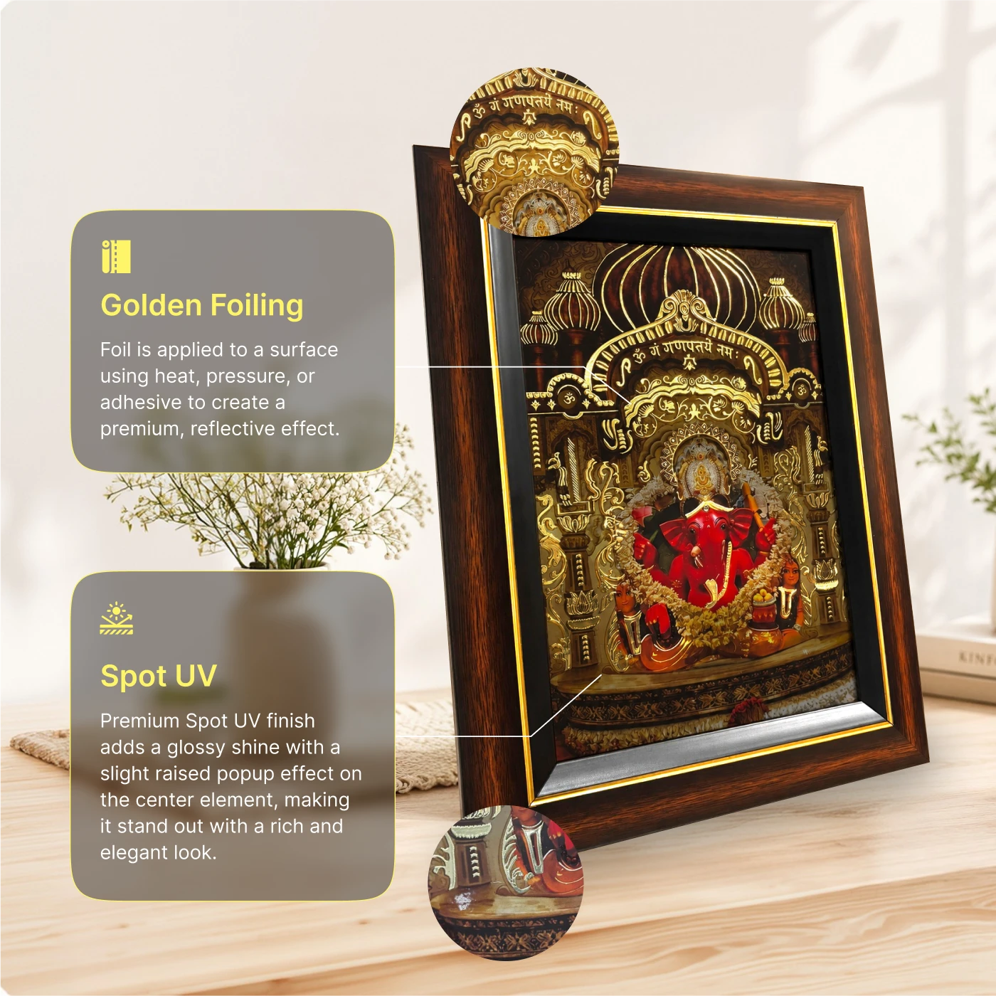 Close-up of golden foil detailing on the Siddhi Vinayak table frame