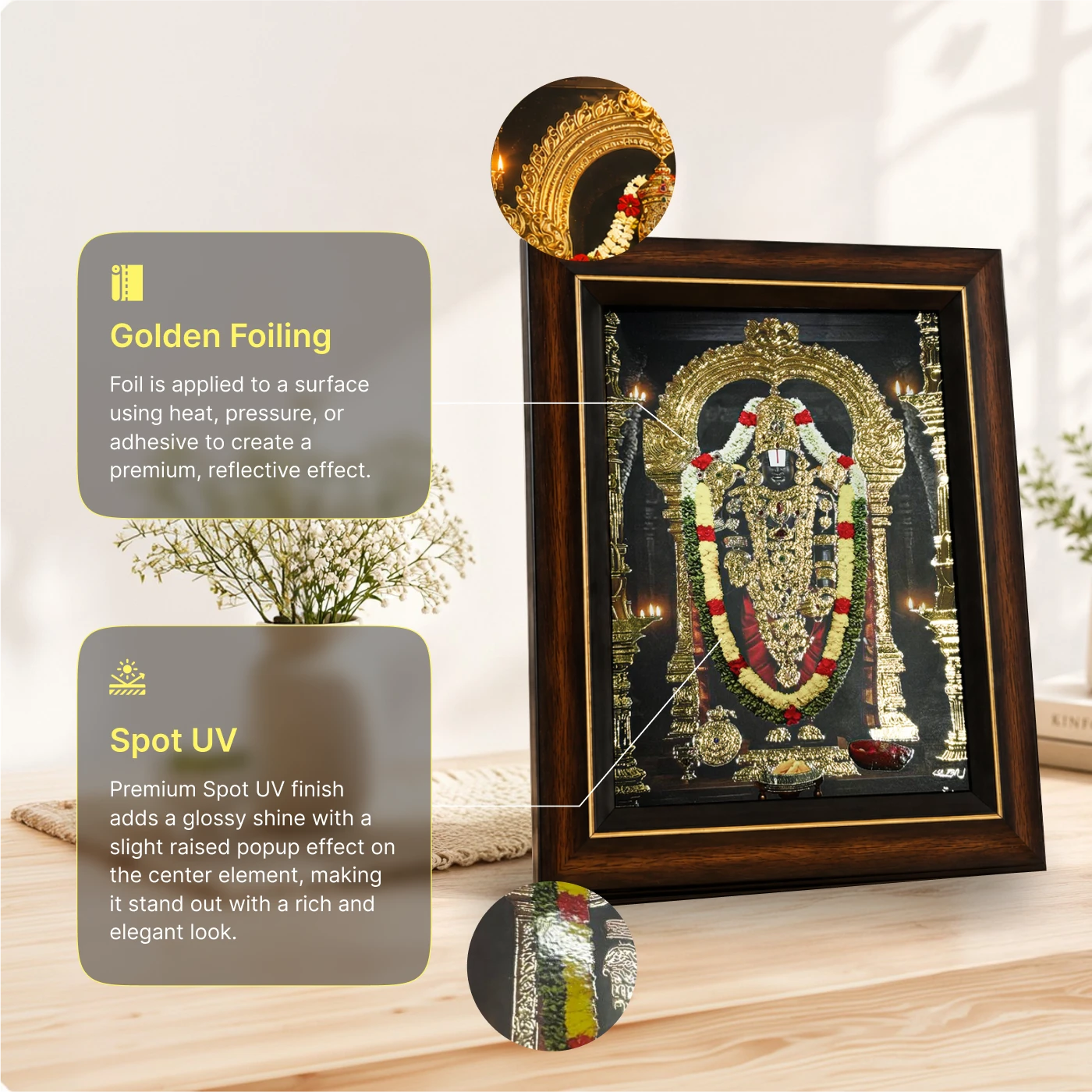 Close-up of golden foil detailing on the Tirupati Balaji table frame