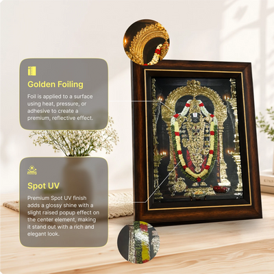 Close-up of golden foil detailing on the Tirupati Balaji table frame