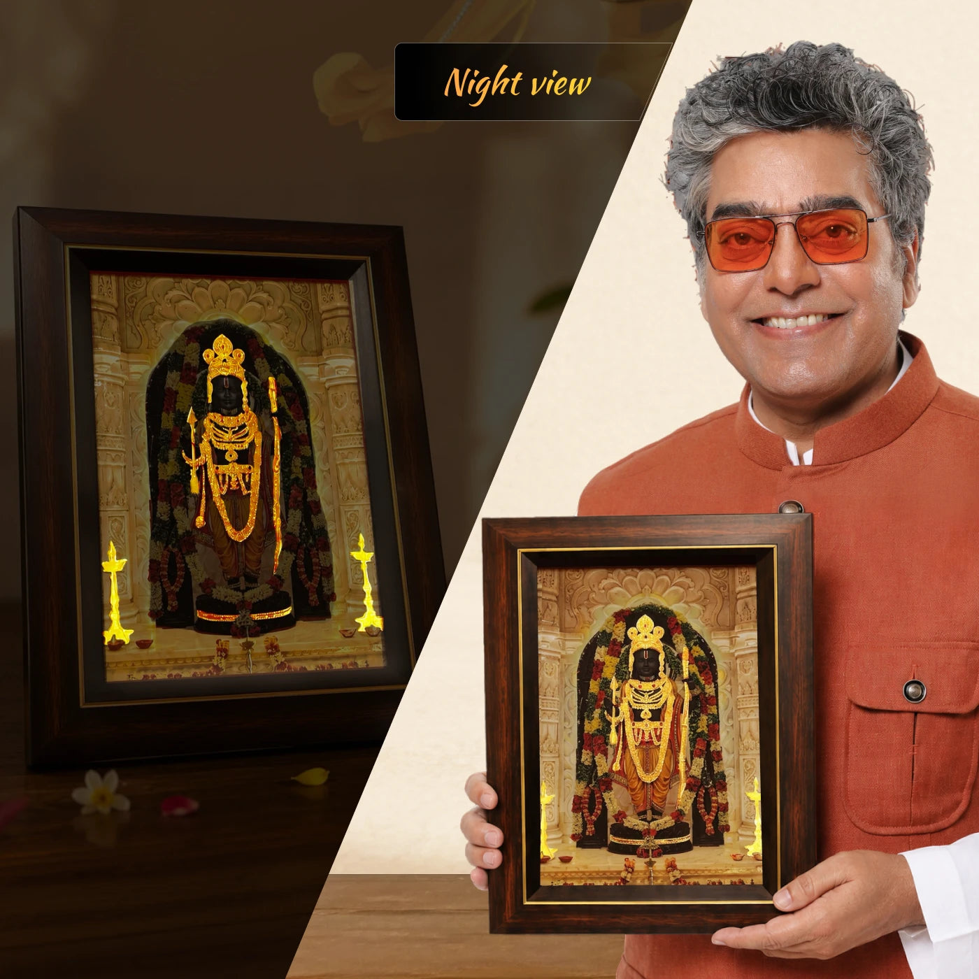 Shri Ram Lalla Golden Foil AR Table Frame with golden-foiled jewellery and marble Garbha Griha backdrop