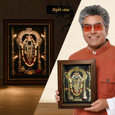 Shri Tirupati Balaji Golden Foil AR Table Frame with golden-foiled ornaments and marble backdrop