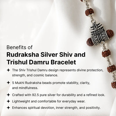 Rudraksha Silver Shiv and Trishul Damru Bracelet | 925 Silver