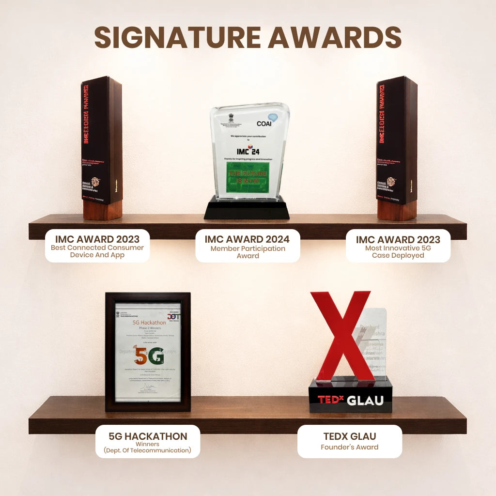 Shubh Darshan signature awards: IMC 2023 Best Connected Consumer Device and App, IMC 2024 Member Participation, IMC 2023 Most Innovative 5G Case Deployed, 5G Hackathon Winner from Department of Telecommunication, TEDx GLAU Founder's Award