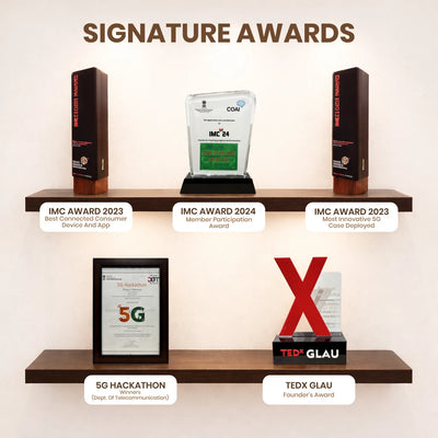 Shubh Darshan signature awards: IMC 2023 Best Connected Consumer Device and App, IMC 2024 Member Participation, IMC 2023 Most Innovative 5G Case Deployed, 5G Hackathon Winner from Department of Telecommunication, TEDx GLAU Founder's Award