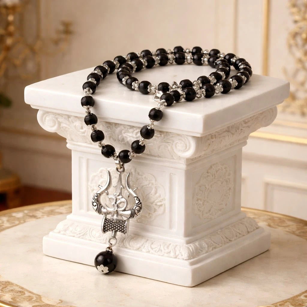 Karungali Mala with ornate silver Trishul pendant elegantly draped over a white marble pillar pedestal in luxury display setting with ornate background