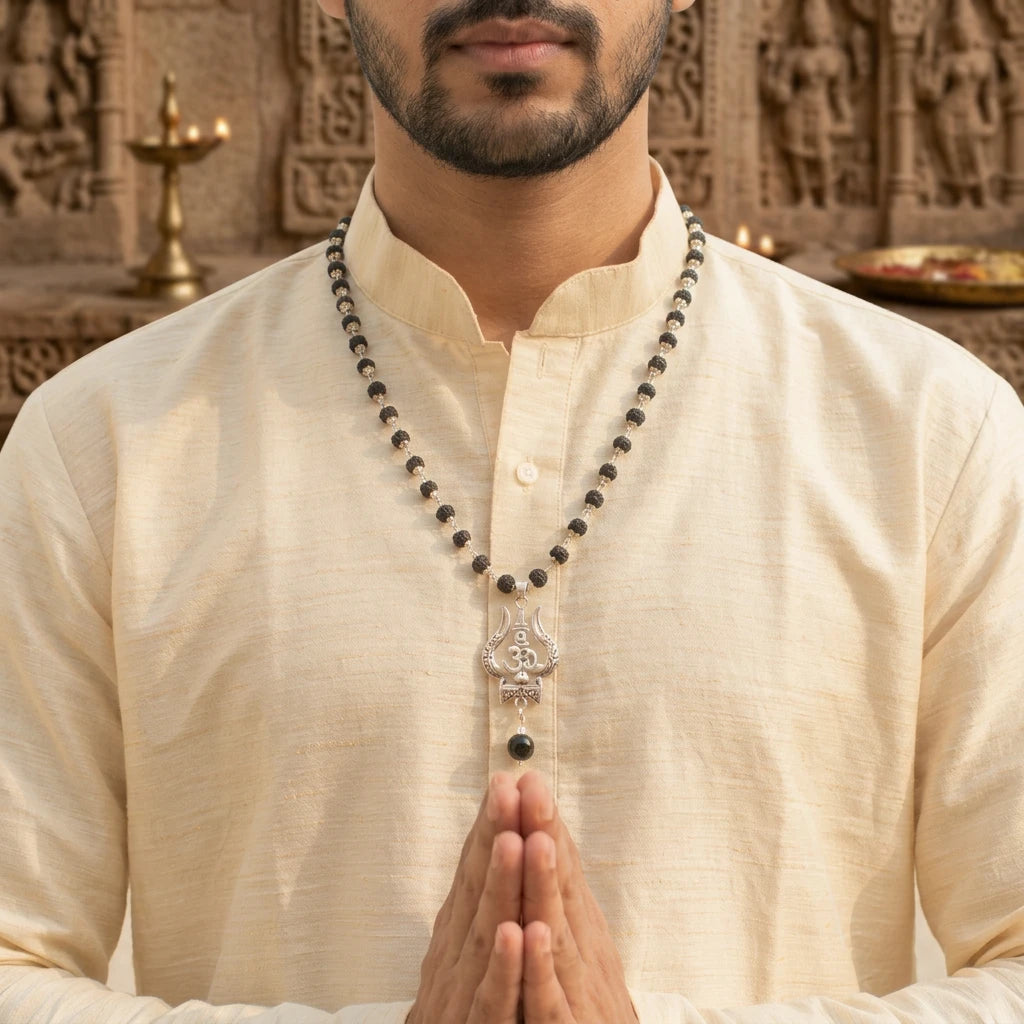 Indian man in beige cotton kurta wearing the Karungali Mala with silver Trishul pendant, hands joined in namaste in front of temple stone carving with brass diya — devotional lifestyle shot of the mala in wear
