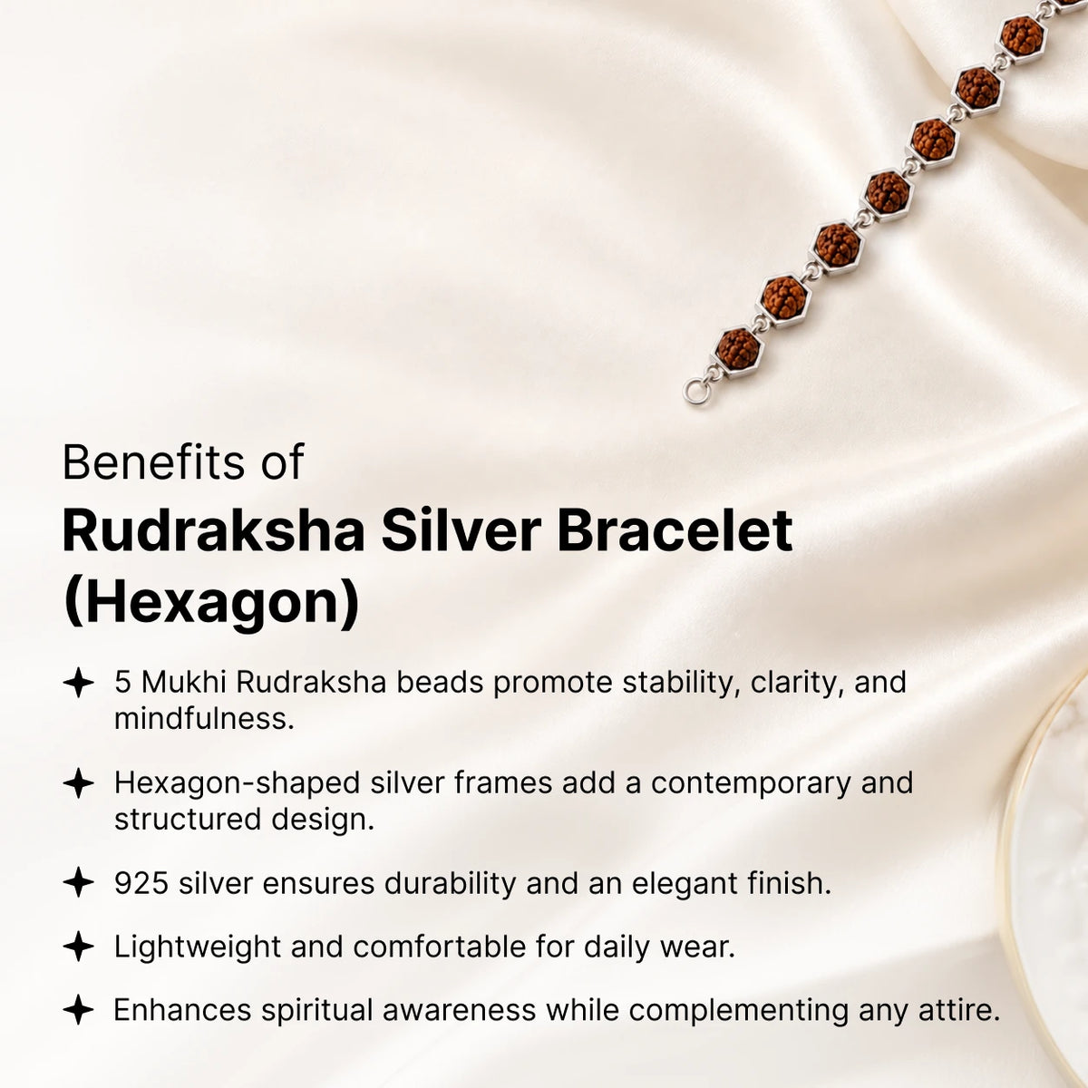 Rudraksha Silver Bracelet (Hexagon) | 925 Silver