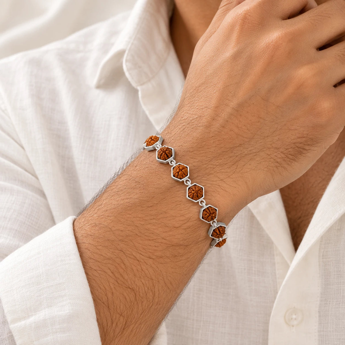 Rudraksha Silver Bracelet (Hexagon) | 925 Silver