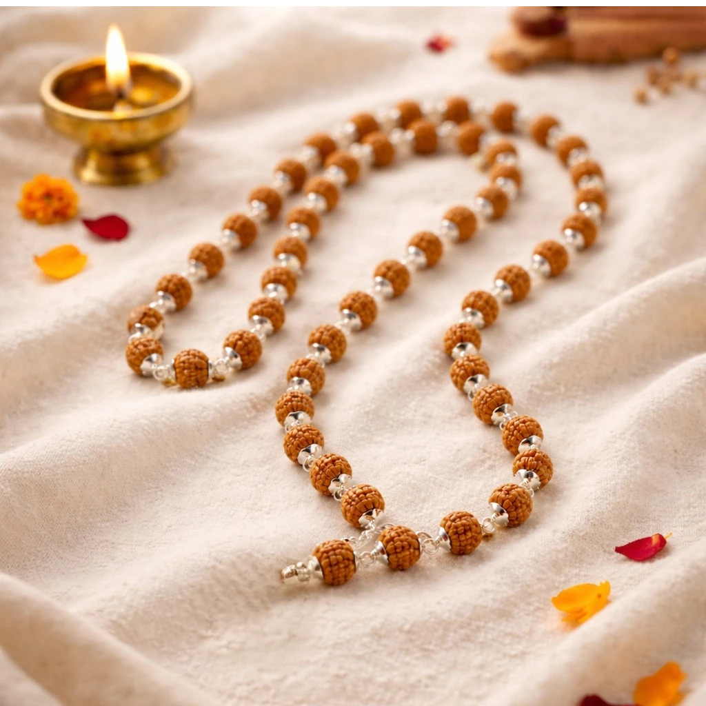 Rudraksha Mala German Silver 54 + 1 Beads - Kashi Siddh & Certified